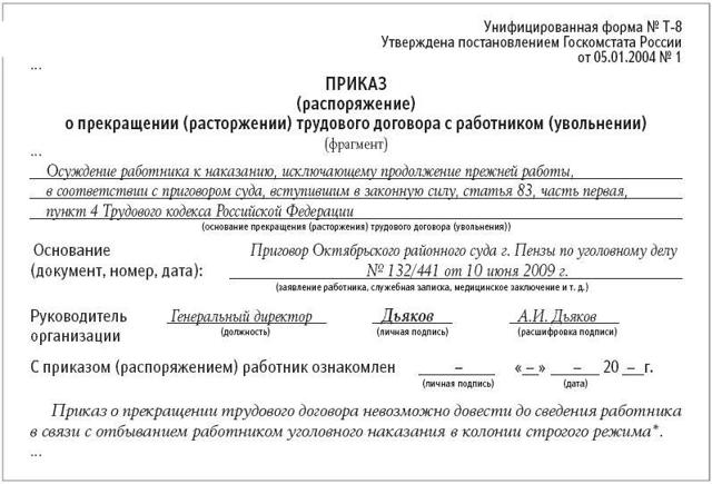 Увольнение осужденного к лишению свободы: п. 4 ч. 1 ст. 83 ТК РФ, как уволить сотрудника