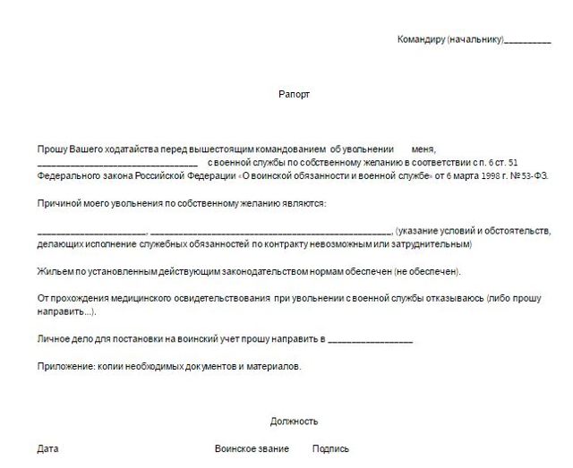 Рапорт на увольнение военнослужащего по контракту из ВС РФ: образец и форма документа